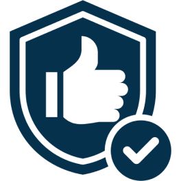 Thumbs-up shield with check mark icon.