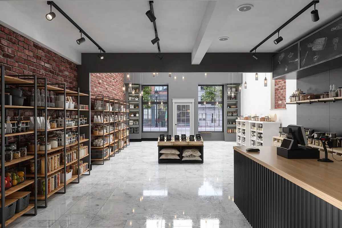 Modern store interior with shelves and counter.